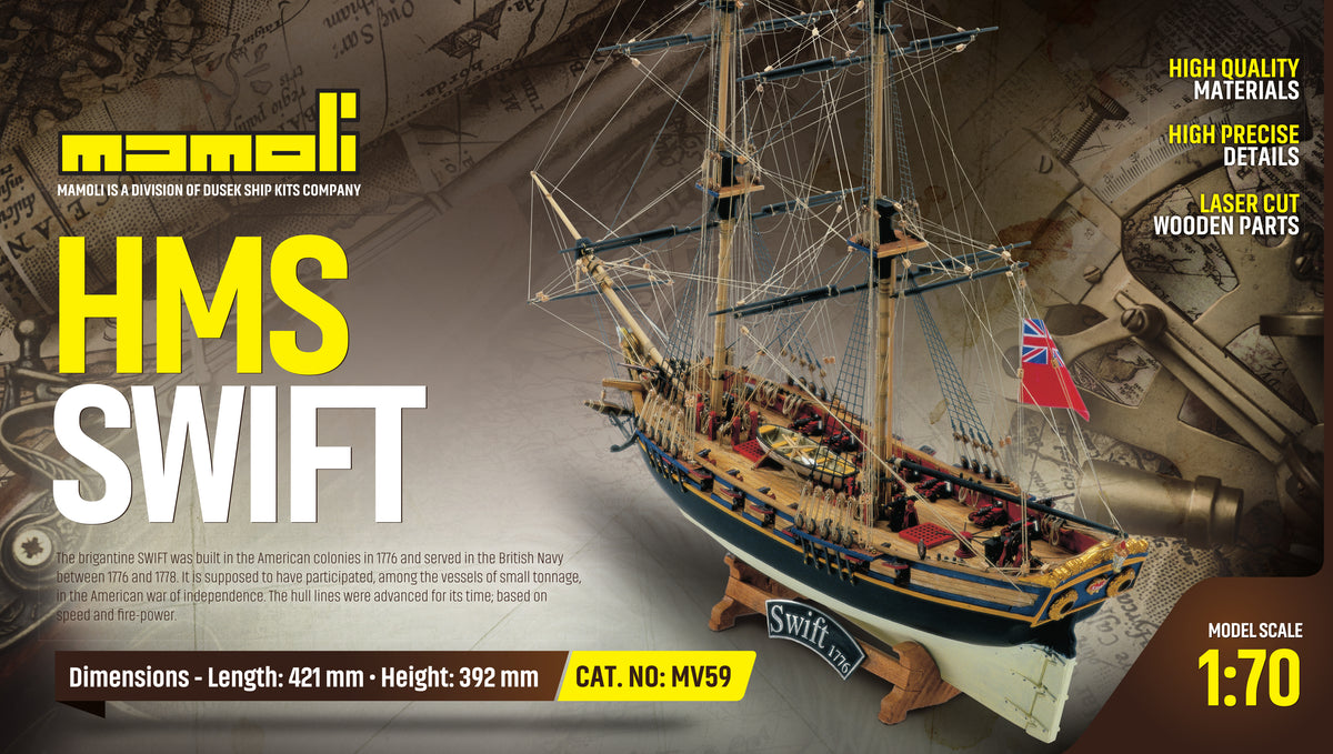Dusek-Mamoli - Mamoli MV59 - HMS Swift - Wood Plank-On-Frame Ship Model Kit - Length: 421mm (17), Height: 392mm (15") Scale 1/70