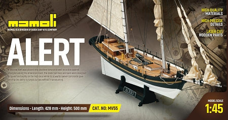 Dusek-Mamoli - Mamoli MV55 -Alert - Wood Plank-On-Frame Ship Model Kit - Length: 428 mm (17"), Height: 500 mm (20") Scale 1/45