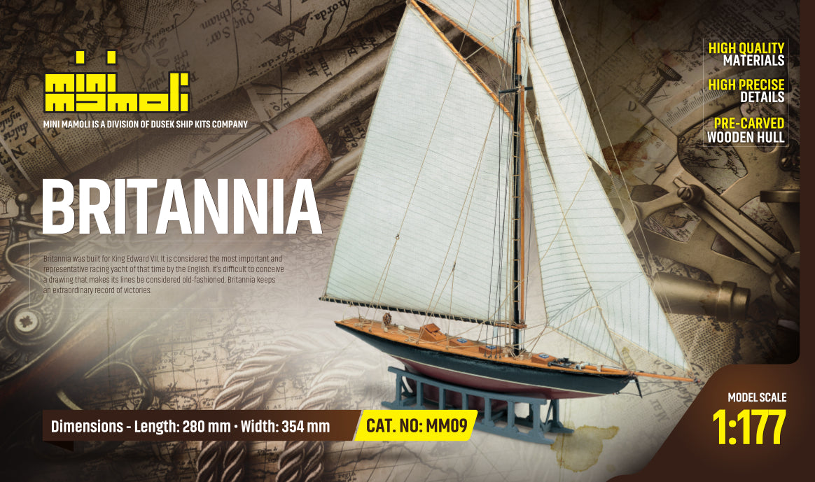 Dusek-Mamoli - Mamoli MM09 Britannia - Wooden model kit with pre-carved hull, Scale 1/177 - Length 11, Height 13.5 inches