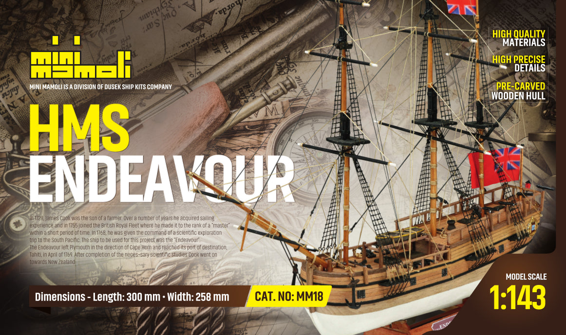 Dusek-Mamoli - Mamoli MM18 HMS Endeavour - Wooden model ship kit with pre-carved hull - Scale 1/143 - Length 11.8 in - Height 10.2 in