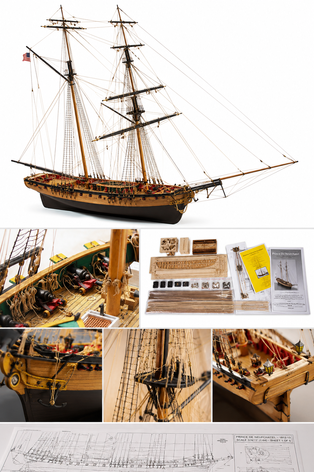 Model Shipways Prince de Neufchatel 1:64 Scale – Legendary War of 1812 American Privateer Brigantine Ship Model Kit