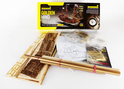Dusek-Mamoli - Mamoli MV30 - Golden Hind- Wood Plank-On-Bulkhead Model Ship Kit - Scale: 1/53Length: 495 mm (20"), Height: 408mm (16")