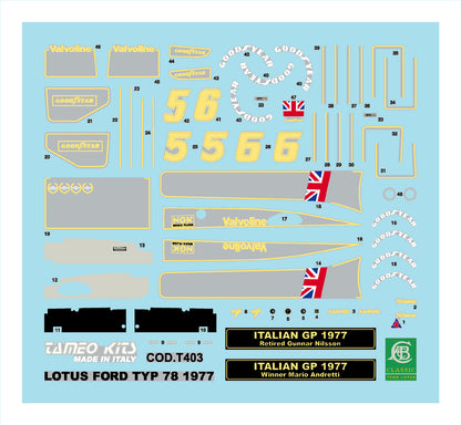 Tameo - TMK393 Lotus 78 Ford - 1977 - White Metal Car Kit - Scale 1:43, Made in Italy