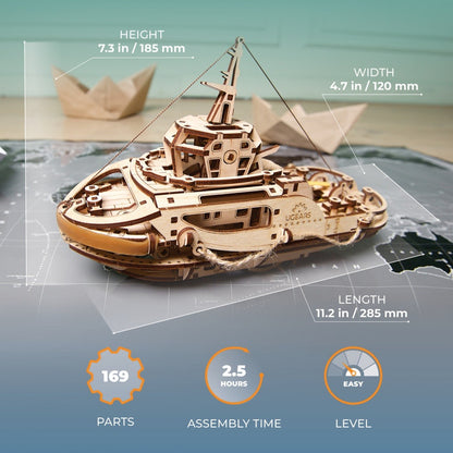 UGears Working Tugboat: Laser-Cut Mechanical Wood Kit