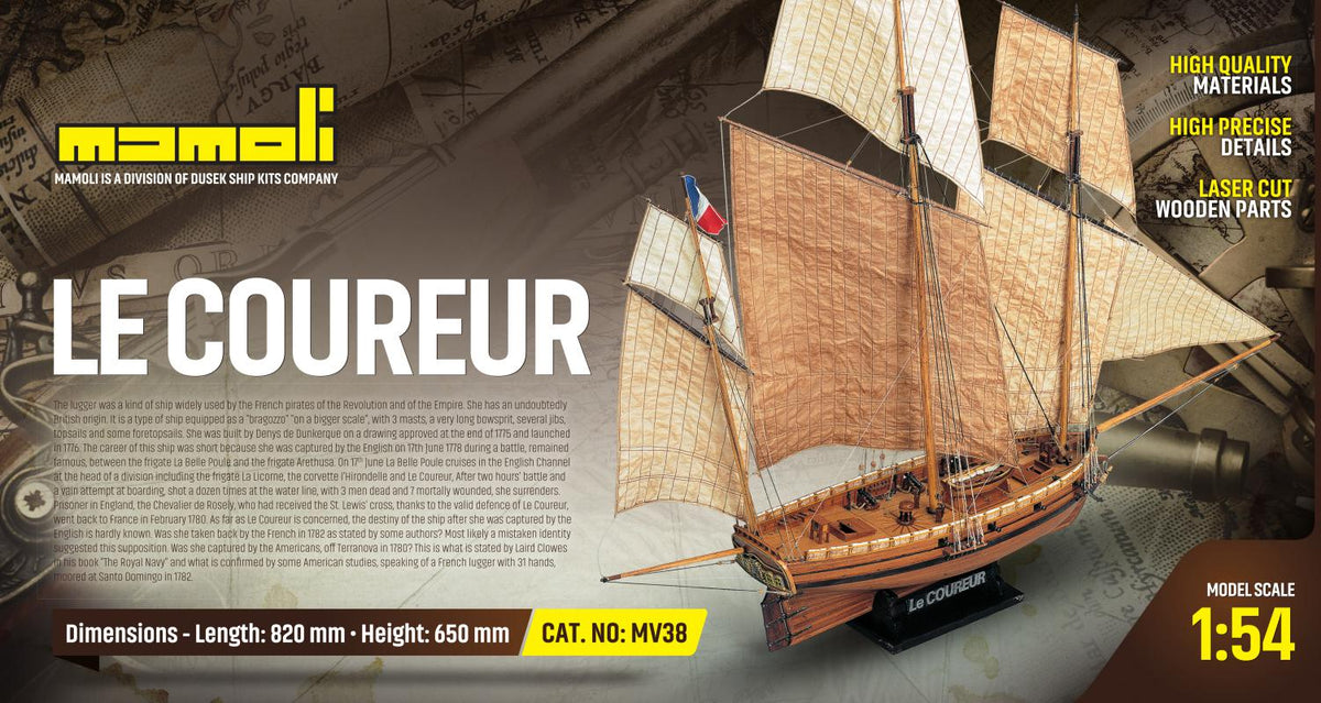 Dusek-Mamoli - Mamoli MV38 Le Coureur - Wood Plank-On-Frame Ship Model Kit - Length: 820 mm (33"), Height: 650mm (26") 1/54 Scale